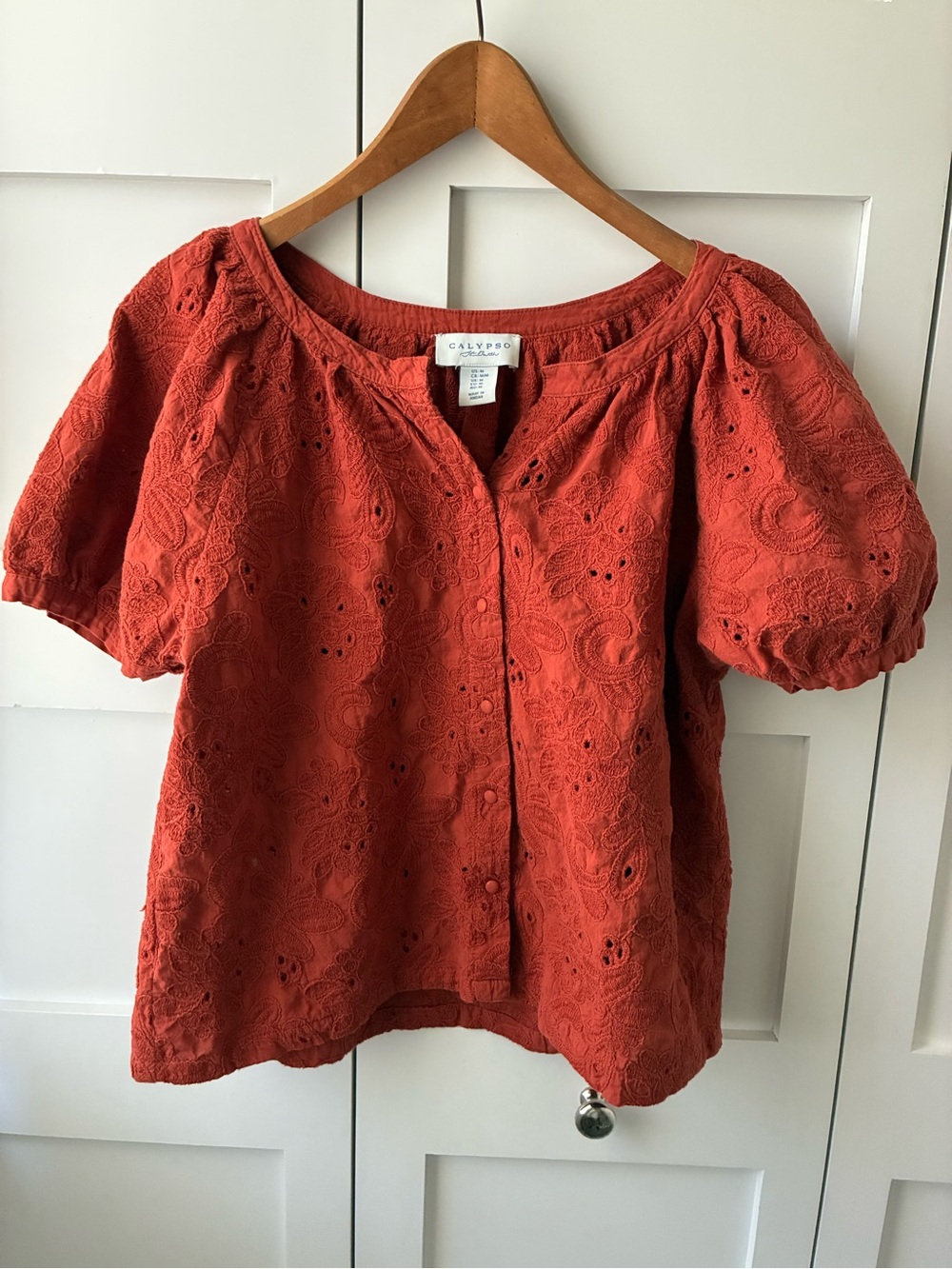 Calypso St. Barth Embroidered Cotton Eyelet Short Sleeve Button Up Top